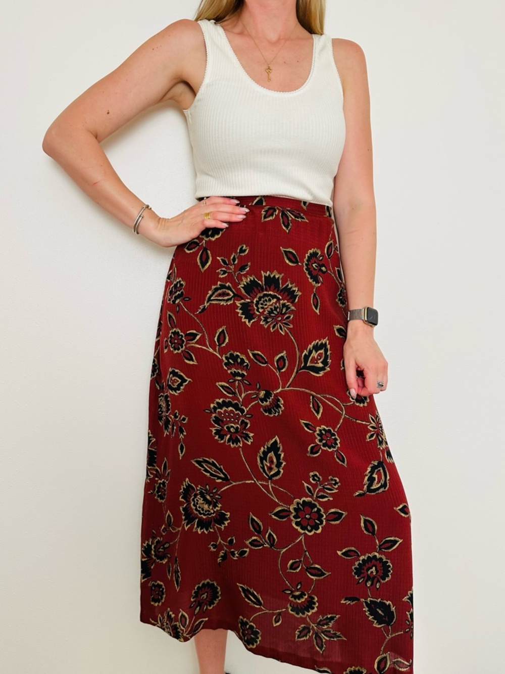 Vintage Jones New York 100% Silk Floral Maxi Skirt Red Black Boho Size 14 - Picture 2 of 10